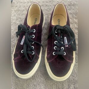 Superga Velvet Lace-Up Sneakers in Burgundy/Purple and Black laces